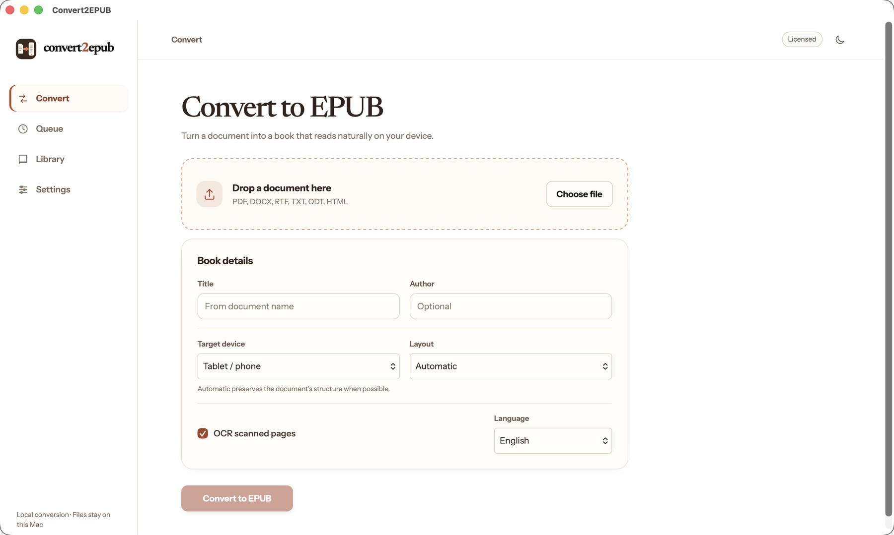 The current Convert2EPUB macOS app, showing its Convert screen, document upload, book details, and OCR settings